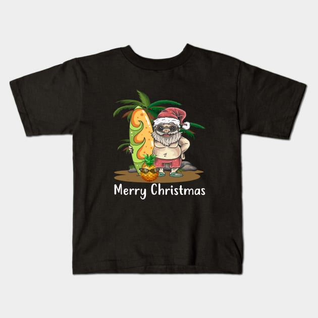 Christmas Palm Tree Tropical Xmas Coconut Santa Surfing Kids T-Shirt by Daysy1